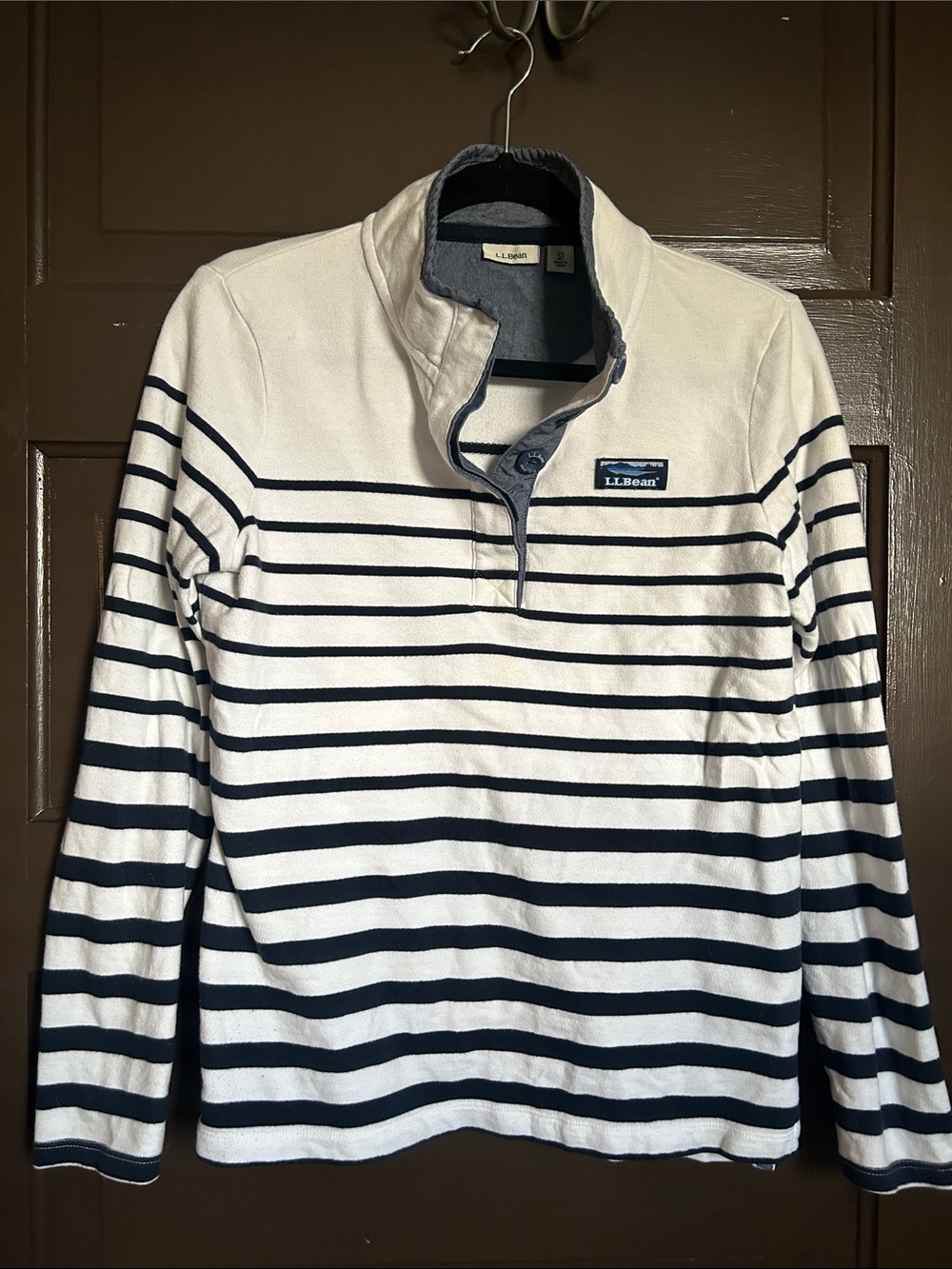 L.L. Bean Women’s White and Navy Striped Quarter-Zip Pullover; XS READ